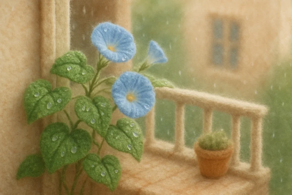 雨上がりのベランダで咲く青い朝顔。ミニチュア風の素朴な質感で、羊毛フェルトのような柔らかさとパステル調の色彩。