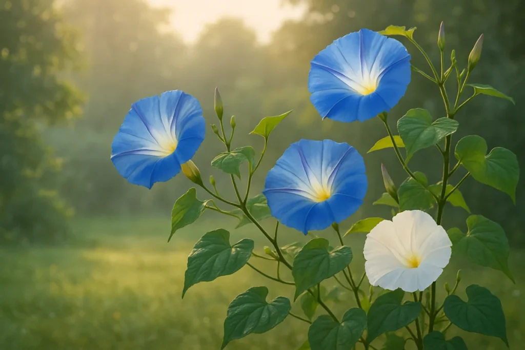 夏の朝に三つの青い花と一輪の白い花を咲かせる朝顔