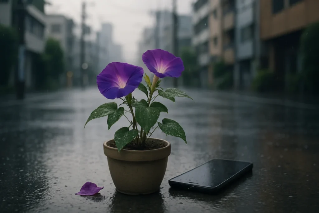 雨に濡れた朝顔の鉢と落ちた花びら