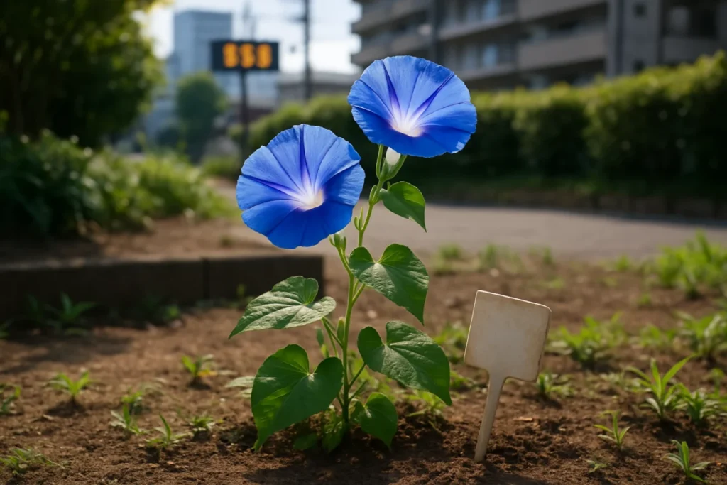 反った札のそばで朝に開く朝顔