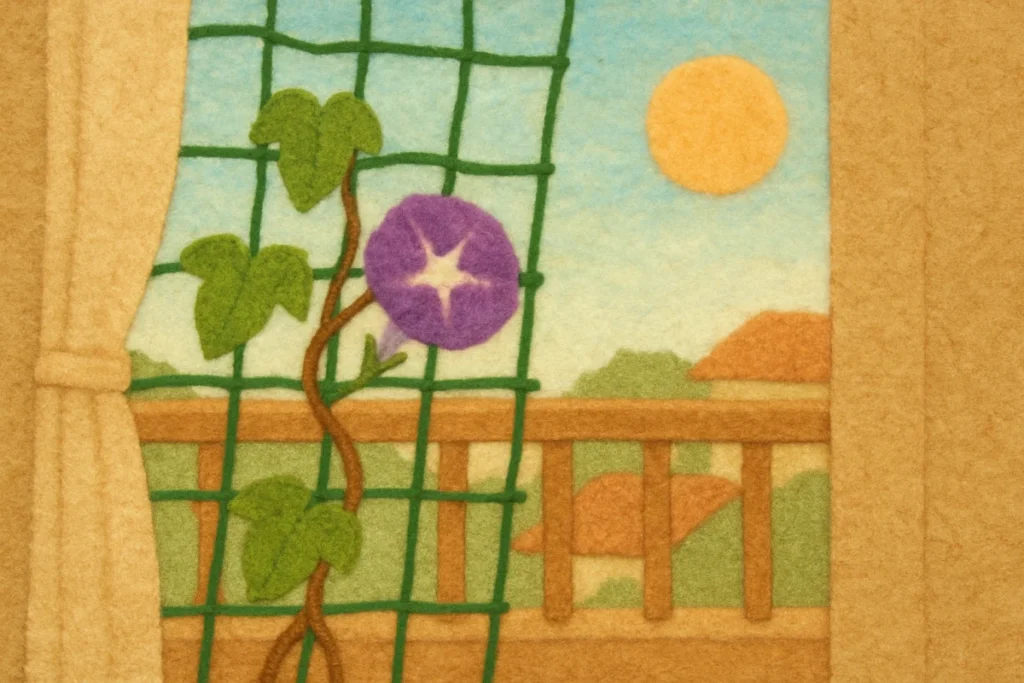 朝顔のつるがネットに絡まる朝のベランダの手作りイラスト