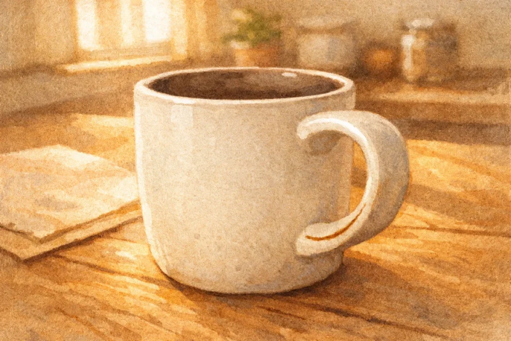 白いマグカップの持ち手の内側に茶色い線が残っている様子