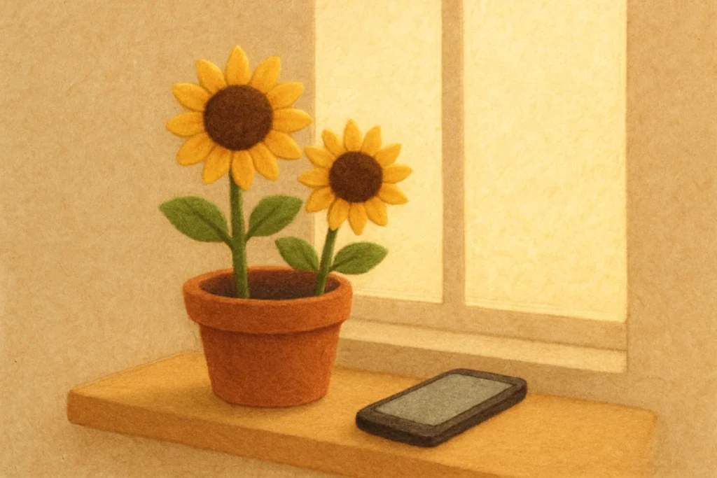 朝の窓辺に置かれたひまわりの鉢とスマートフォン