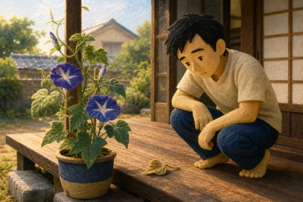 朝の縁側で朝顔の鉢を眺める男性