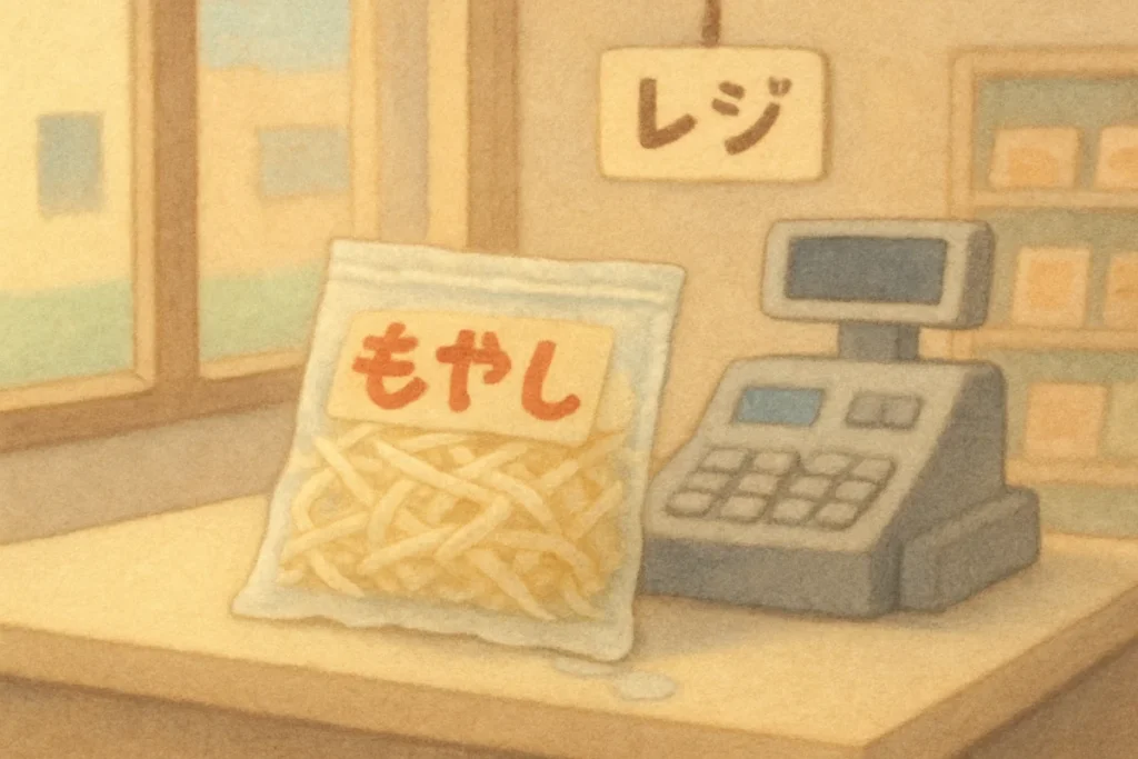 スーパーのレジ台に置かれた、少し破れたもやしの袋のミニチュア風イラスト