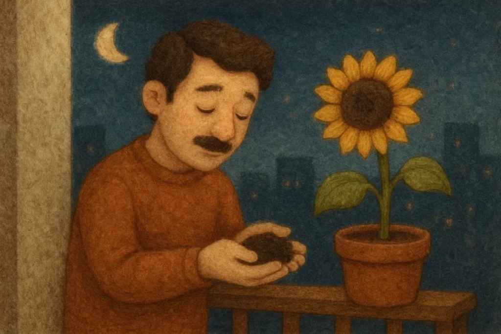 ベランダの鉢植えの土を手に取る男の羊毛フェルト風イラスト