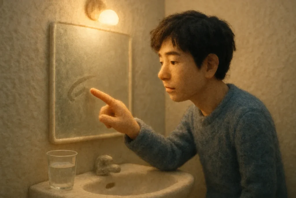 夜の洗面所で曇った鏡に指を触れる若い男性の手