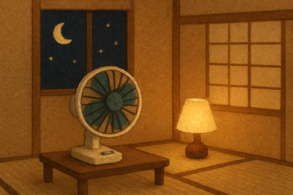 夜の部屋で首を振る扇風機のイラスト