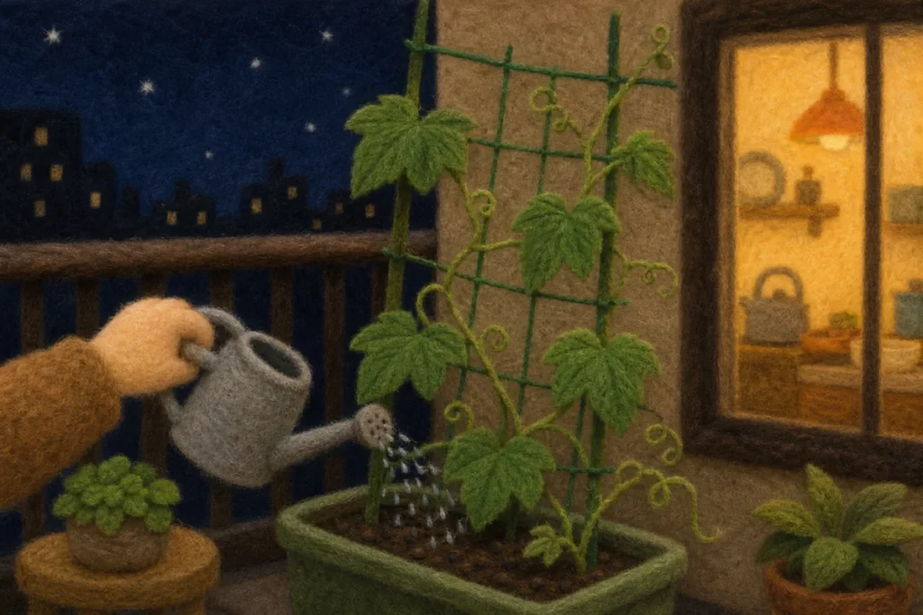 夜のベランダでゴーヤのプランターに水をやる手元のイラスト