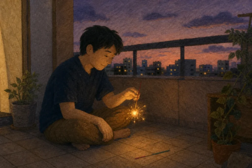 夜のベランダで線香花火を持つ男性と、火のつかない一輪
