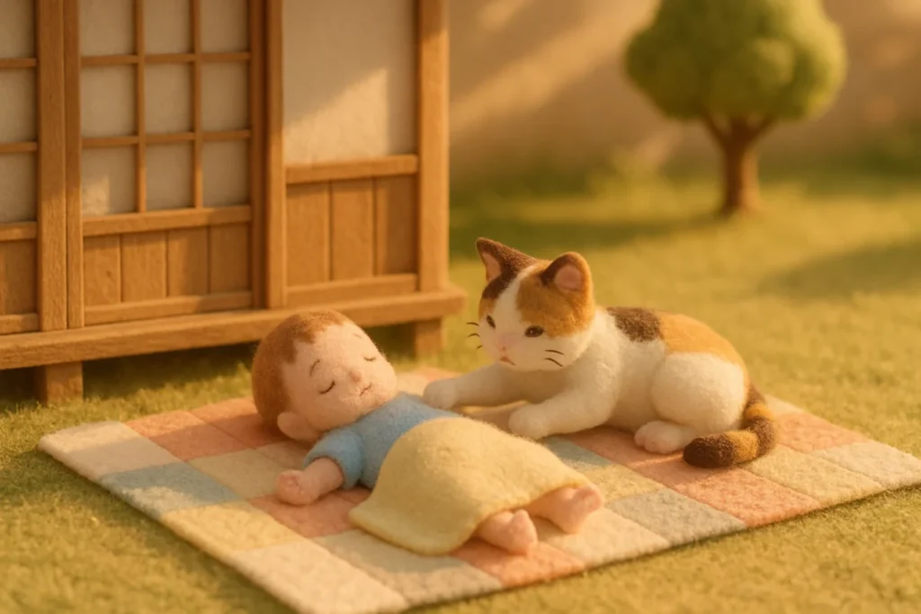 毛布の上で赤ちゃんを見守る親分猫の広い構図