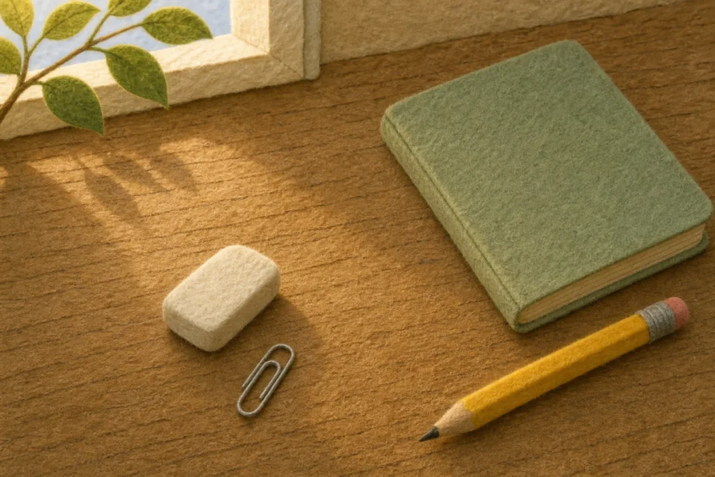 昼前のデスクの上で、消しゴムの横にクリップが転がっているようす