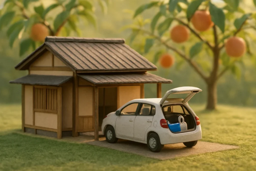 早朝の自宅駐車場に停めた車と、後部座席に置かれたコンビニの袋とクーラーボックス