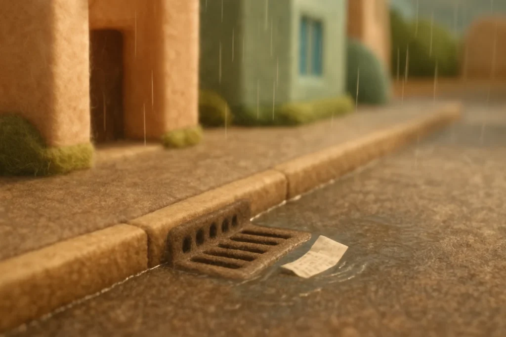 雨の街で排水溝へ流れていく白いレシート