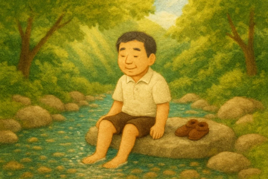 夏の渓谷で石に座り、足を水に浸す男性