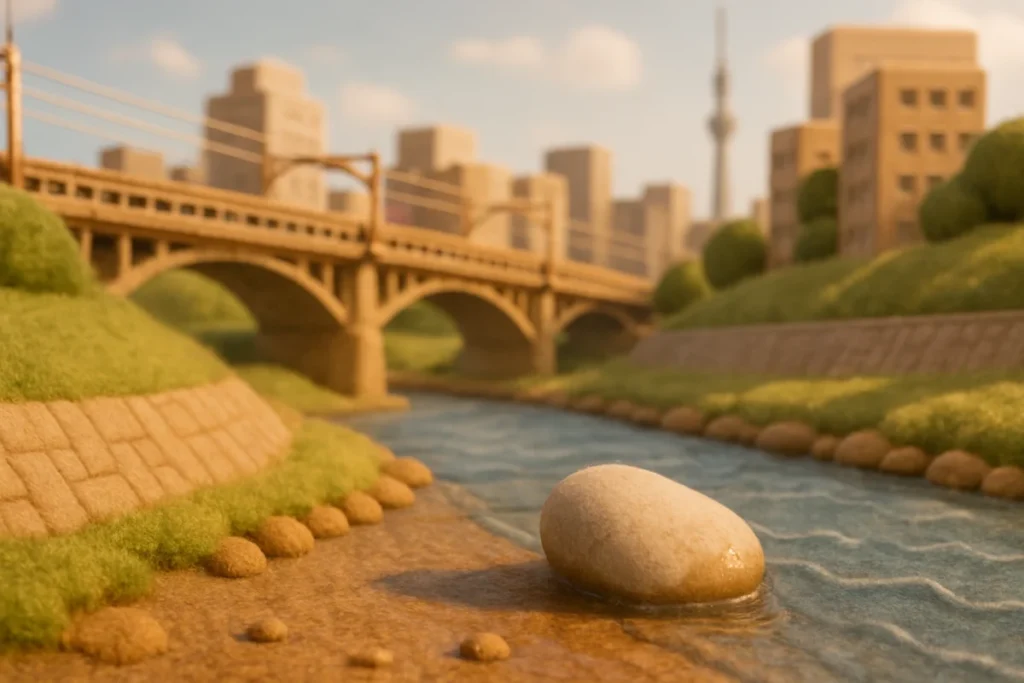 晴れた夏の朝の川辺にある白い石と流れる水