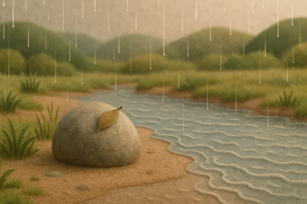 雨に濡れた川辺で動かされずに残る石