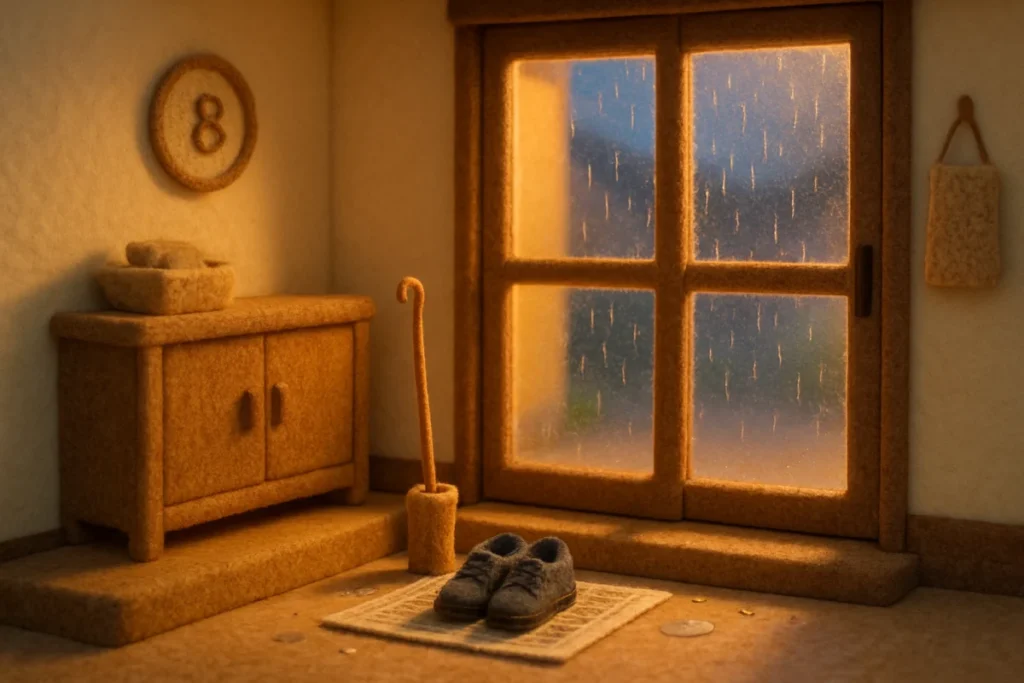 雨の降る夕暮れの玄関に置かれた靴べらと濡れた靴