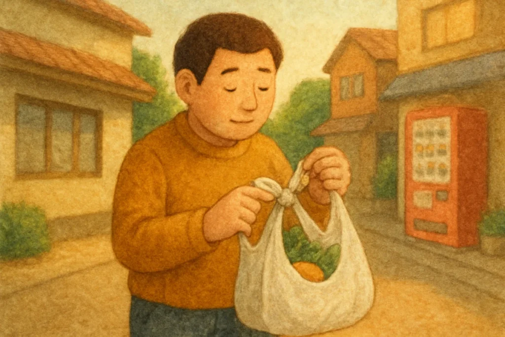 片方の結び目が緩んだレジ袋を持つ手元のイラスト