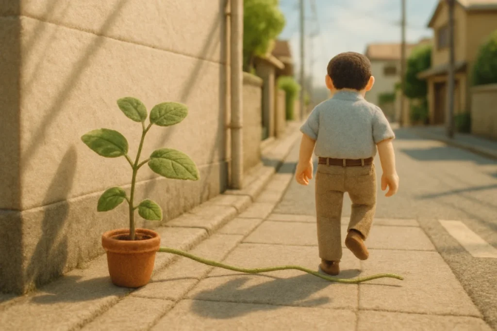 歩道へ伸びた茎を避けて歩く街角の植木鉢