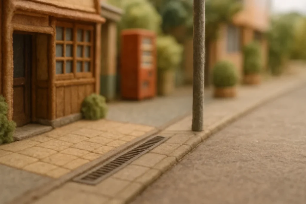 街角の舗道にある排水溝と、その左右に続く道