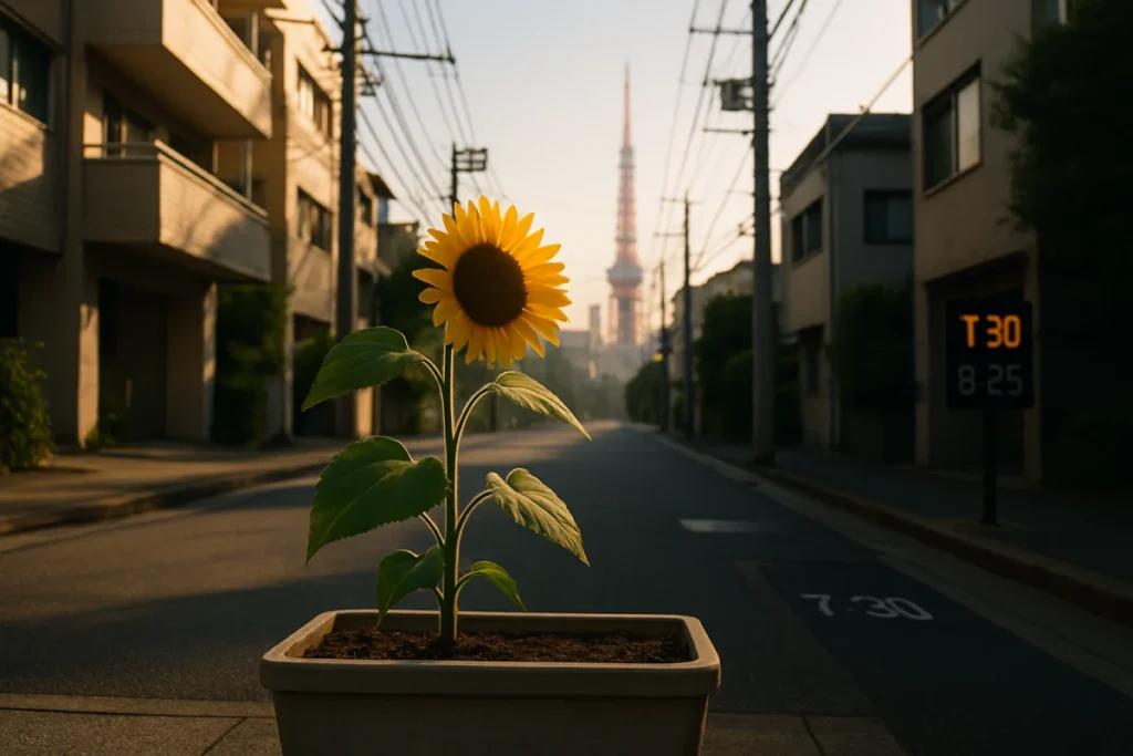夏の朝、明るい光の中で少し横を向いて咲くひまわり