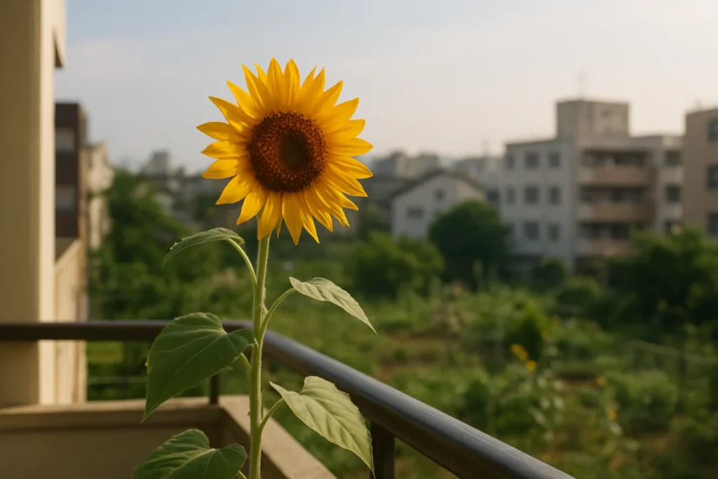 夏の朝のベランダから見える向日葵