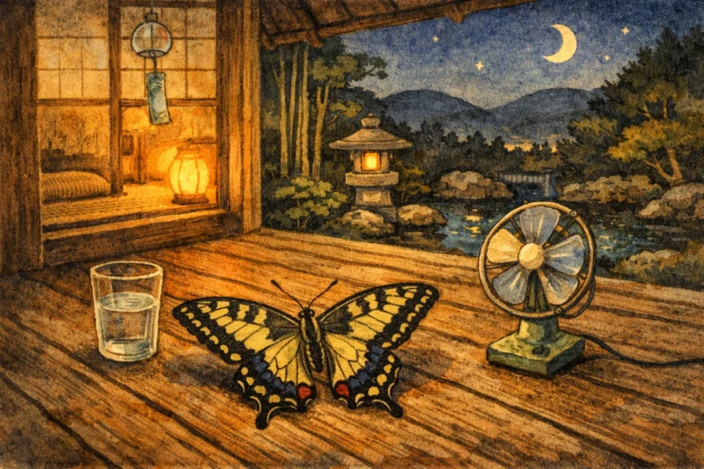 夜の縁側に止まるアゲハチョウのイラスト