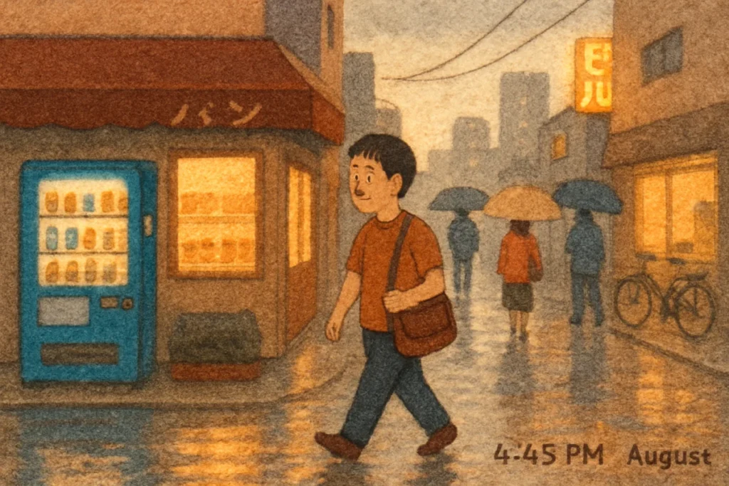 午後の東京の街路を歩く男性の横顔と、水たまりに映るネオンの光、傘と自販機の前景