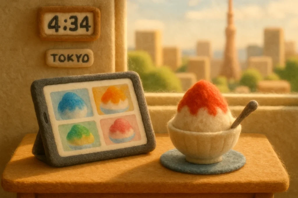 東京のかき氷の記事を眺める夏の午後のミニチュア風景