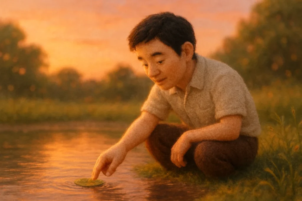 夕暮れの池のほとりで、水草の葉に触れる手