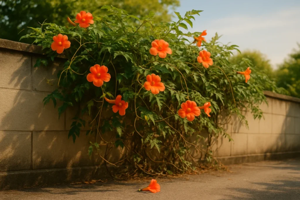 夏の朝、壁に絡まるノウゼンカズラと地面に落ちた花