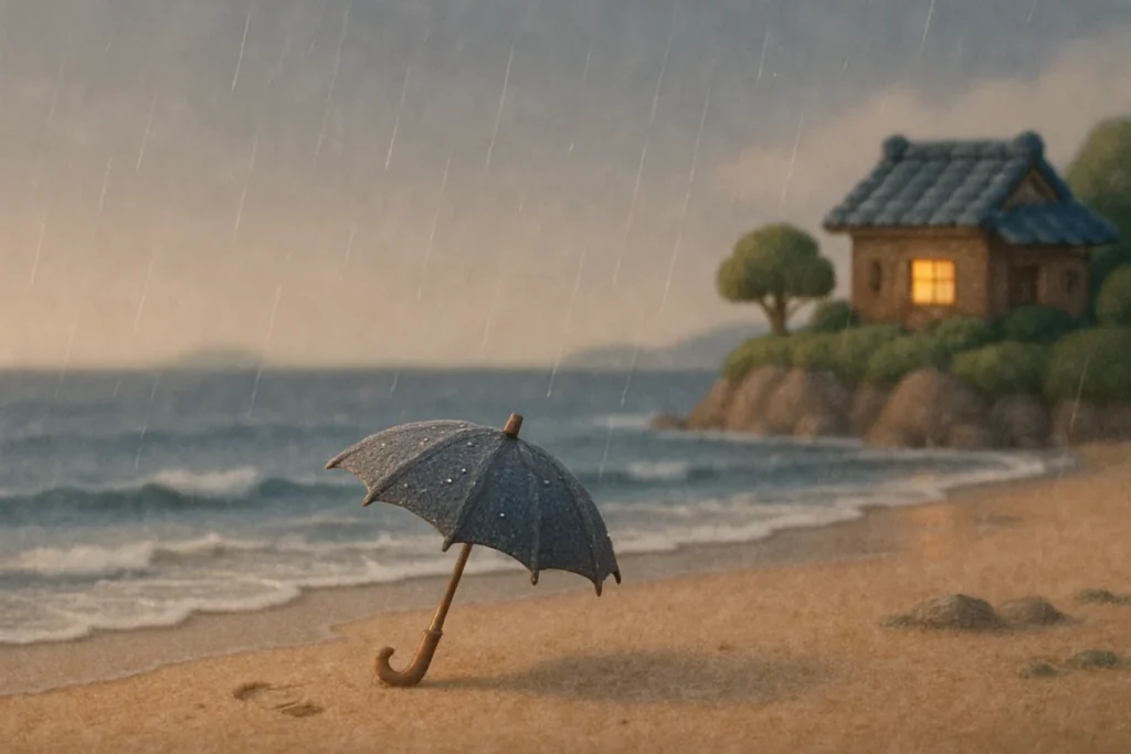小雨の海岸で閉じられない傘