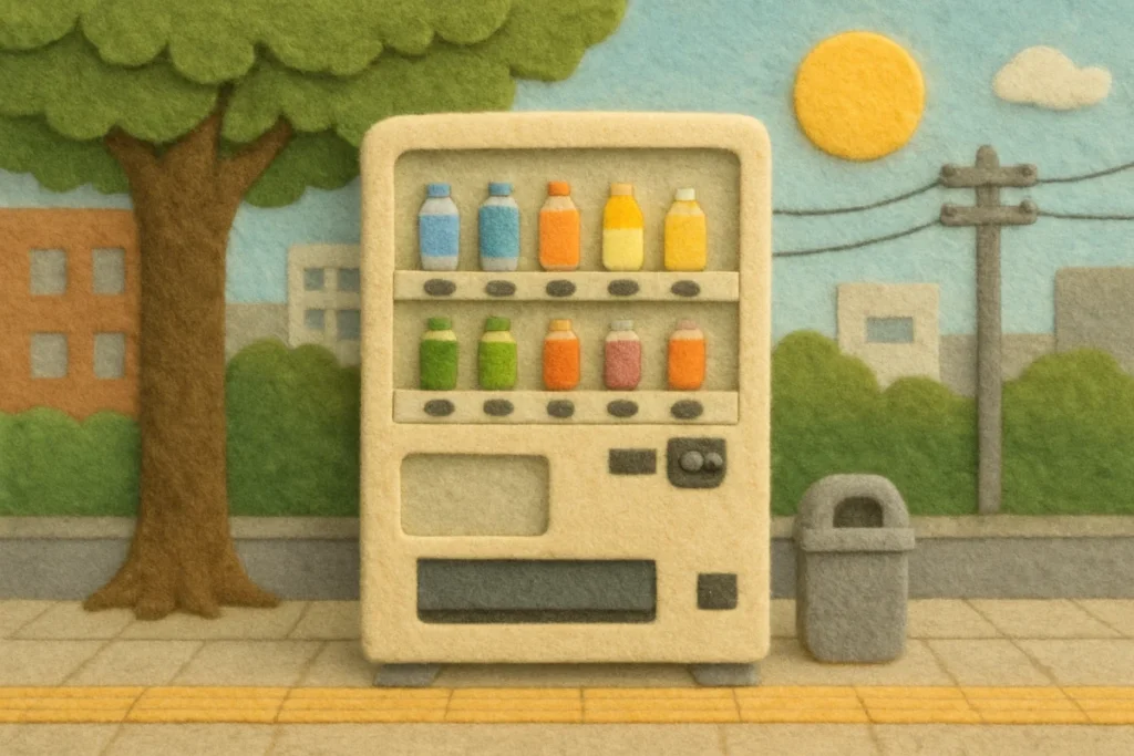 午後の日差しを浴びる自販機。押されたまま戻らないひとつのボタンと、その周囲のボタンたち。街の片隅の小さな違和感。