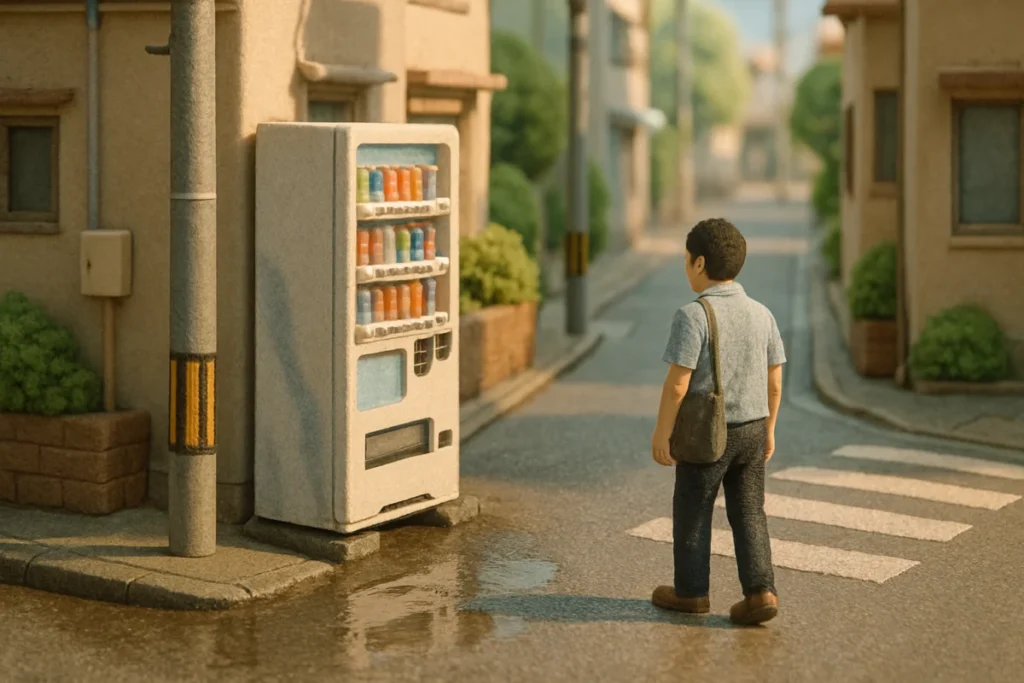 朝の光が足元に届かない自動販売機と歩道