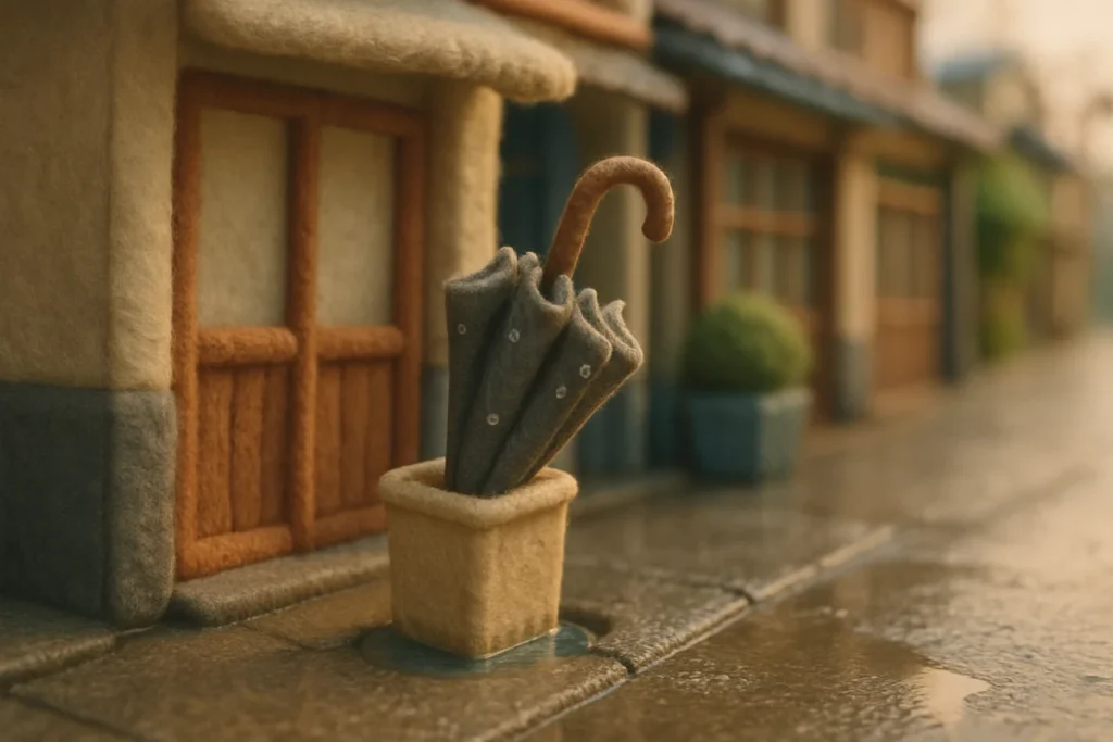 雨に濡れた傘を傘立ての奥へ入れた場面