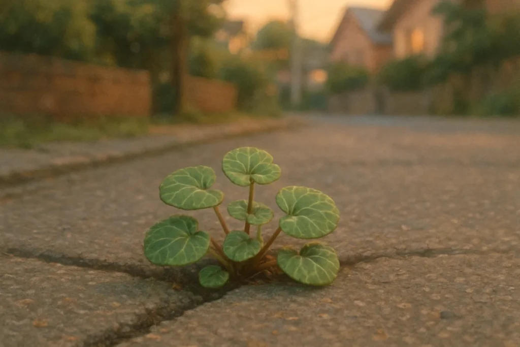 歩道の舗装の隙間から伸びるユキノシタの葉先。奥に夕暮れの住宅街がぼやけて見える。