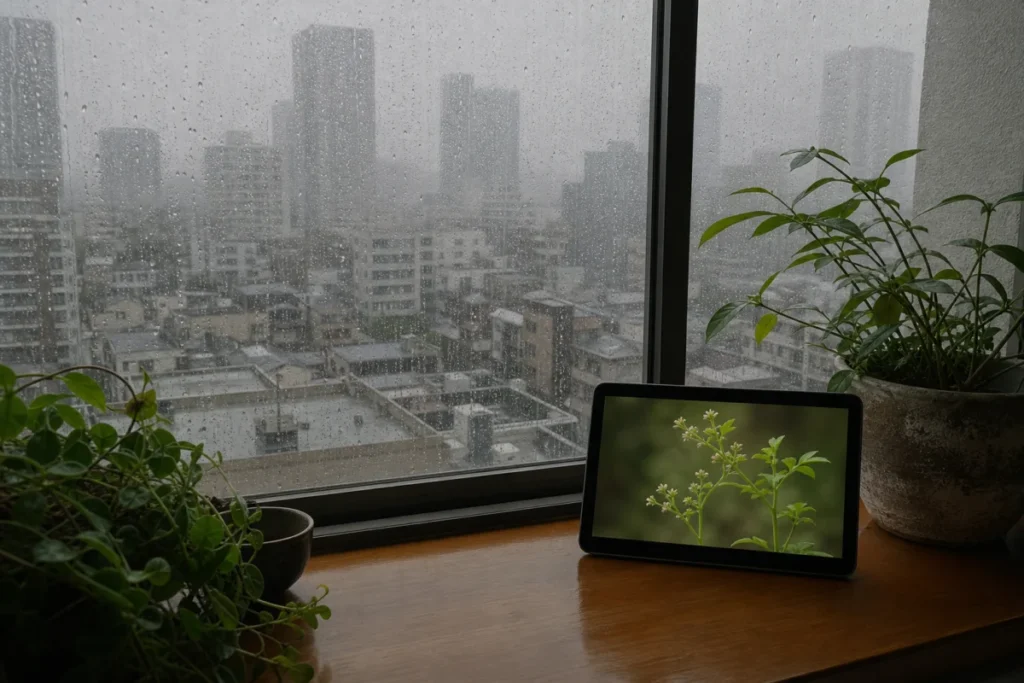 雨の窓辺に置かれた画面に映る小さなアカネの花