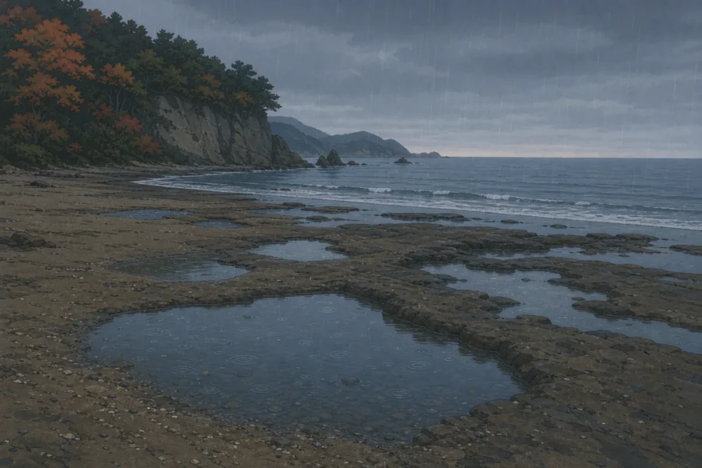 細い雨が降る夕方の海岸と浅い水たまり