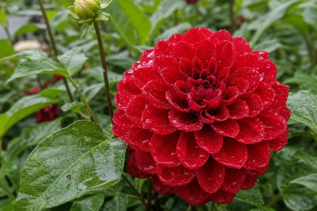 雨に濡れたダリアの赤い花びらと葉