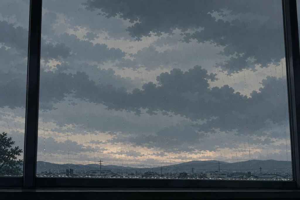 雨の夕方、窓越しに見える雲の境目