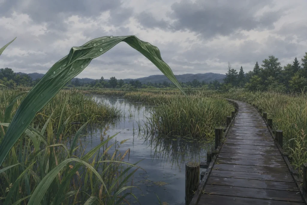 曇り空の昼、雨粒を残したヨシが揺れる湿地の木道