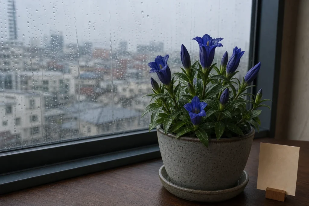 雨の朝の窓辺に置かれたリンドウの鉢