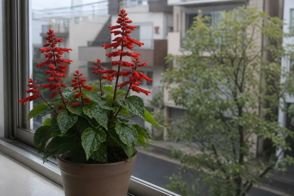 曇り空の朝に鉢植えで咲く赤いサルビアを斜めから見た風景