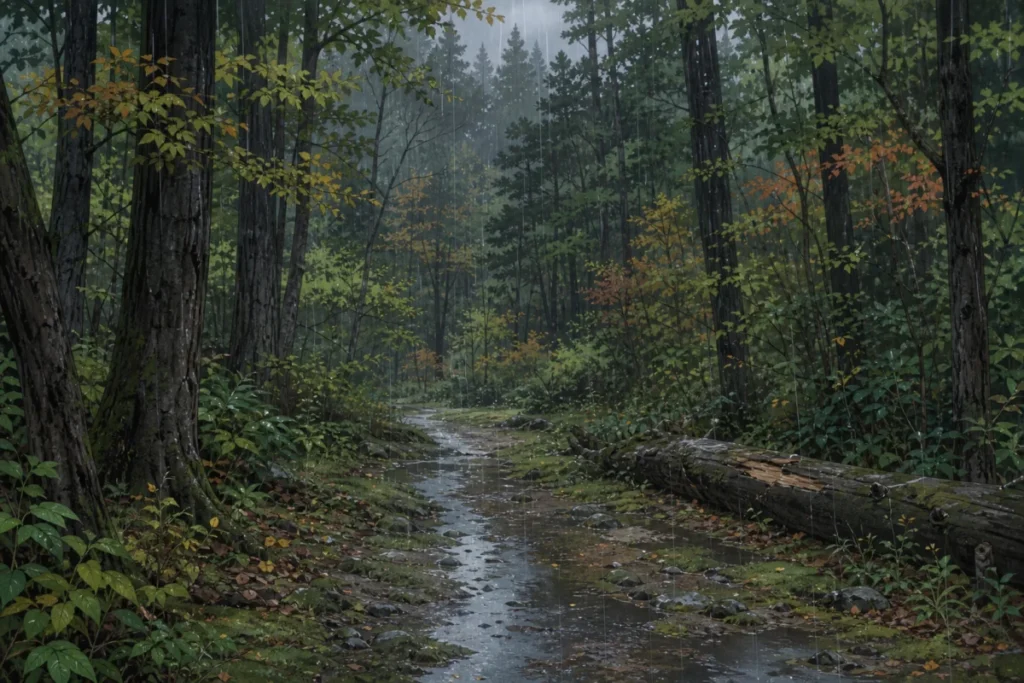 雨に濡れた苔と倒木がある初秋の森林の細い道