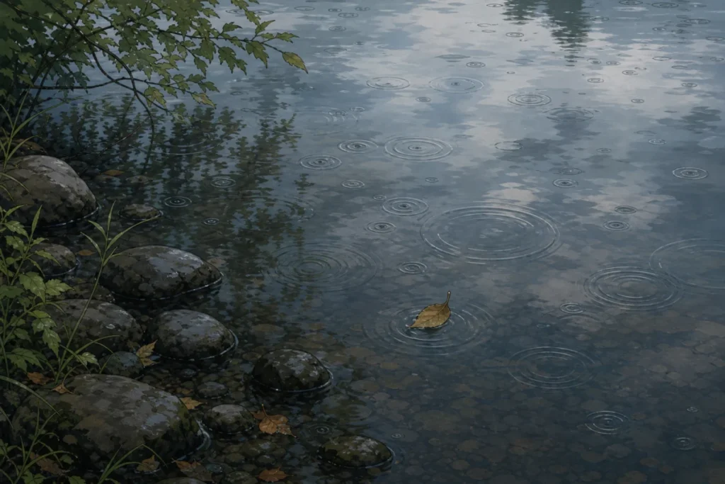 雨の昼、池の水面で波紋が重なり、葉と濡れた石が浮かぶ風景