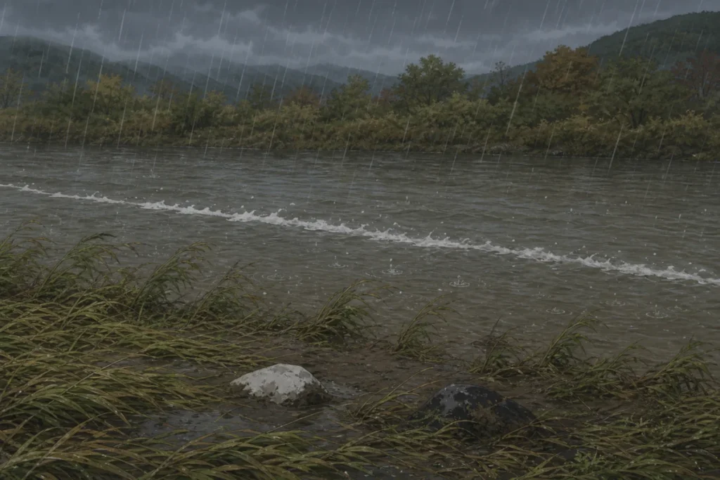 強い雨の川岸で泥に埋まった白い石と黒い石