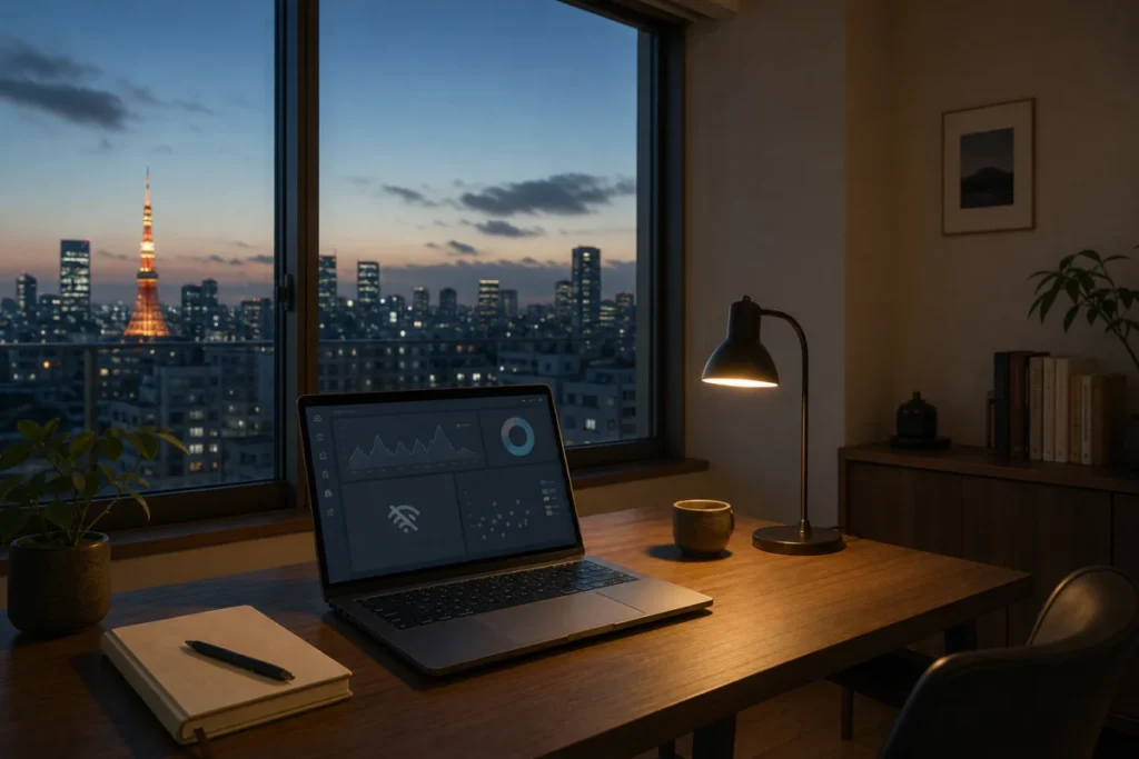 秋の夕方、インターネット接続を切ったノートパソコンを見つめる机