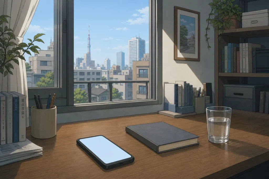 秋の朝、机の上でAIと相談窓口について考えるスマートフォン