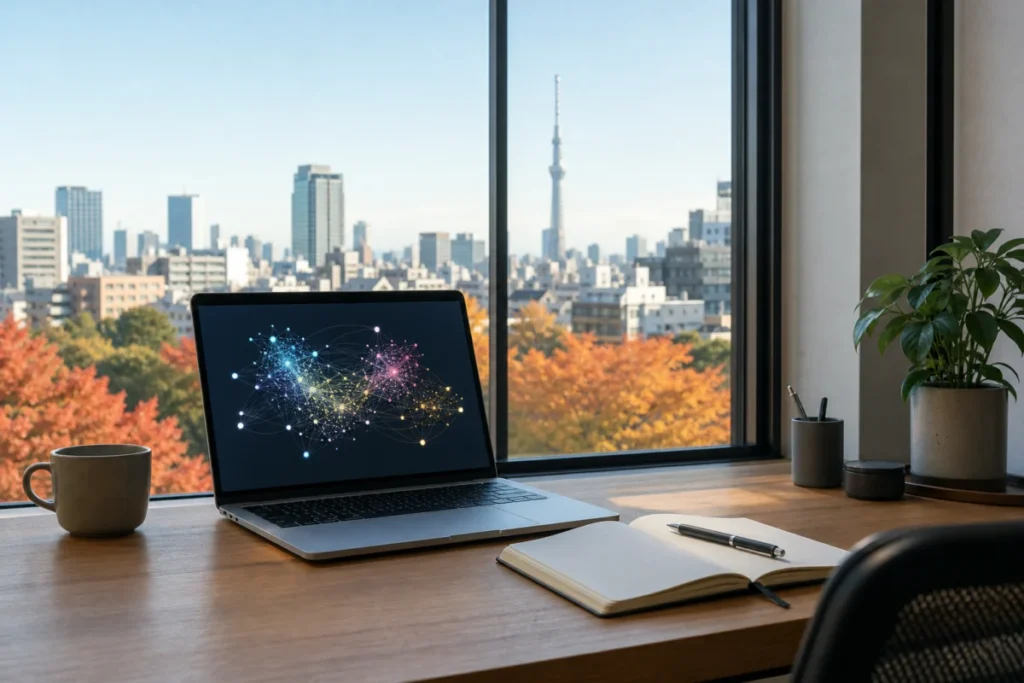 朝の机でSNS上の情報拡散を見つめるノートパソコン